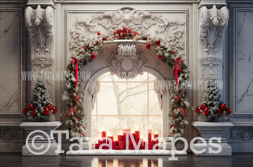 White Christmas Fireplace Digital Backdrop - Ornate Christmas Room  - Christmas Mantle Digital Background JPG
