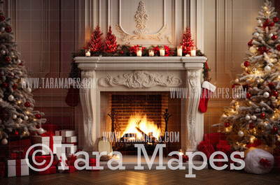 White Christmas Fireplace Digital Backdrop - Ornate Christmas Room  - Christmas Mantle Digital Background JPG