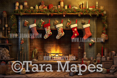 Christmas Fireplace Digital Backdrop - Rustic Christmas Room  - Christmas Mantle Digital Background JPG