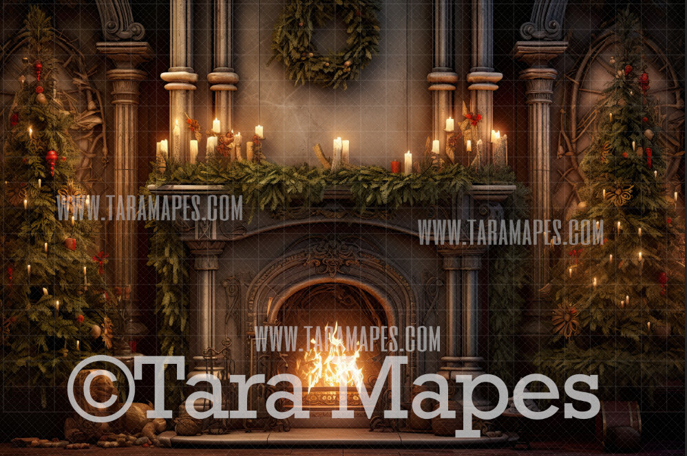 Christmas Fireplace Digital Backdrop - Rustic Christmas Room  - Christmas Mantle Digital Background JPG