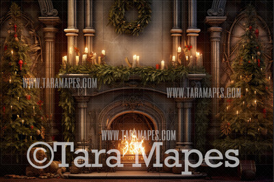 Christmas Fireplace Digital Backdrop - Rustic Christmas Room  - Christmas Mantle Digital Background JPG
