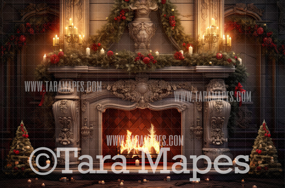 Christmas Fireplace Digital Backdrop - Rustic Christmas Room  - Christmas Mantle Digital Background JPG