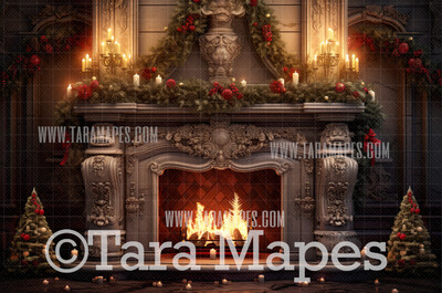 Christmas Fireplace Digital Backdrop - Rustic Christmas Room  - Christmas Mantle Digital Background JPG