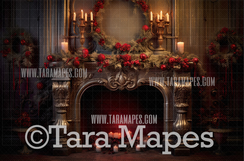 Christmas Fireplace Digital Backdrop - Rustic Christmas Room  - Christmas Mantle Digital Background JPG