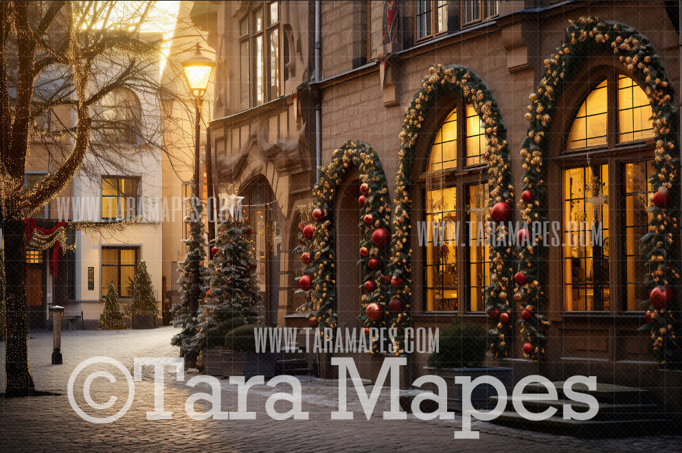 Christmas Street Digital Backdrop - Christmas Street Digital Background - FREE SNOW OVERLAY included