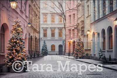Pastel Christmas Street Digital Backdrop - Christmas Street Digital Background - FREE SNOW OVERLAY included