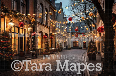 Christmas Street Digital Backdrop - Christmas Street Digital Background - FREE SNOW OVERLAY included