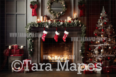Christmas Fireplace Digital Backdrop - Ornate Christmas Room  - Christmas Mantle Digital Background JPG