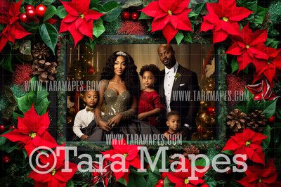 Christmas Frame with Poinsettias Digital Frame - Layered PSD Christmas Frame Digital Background - Backdrop