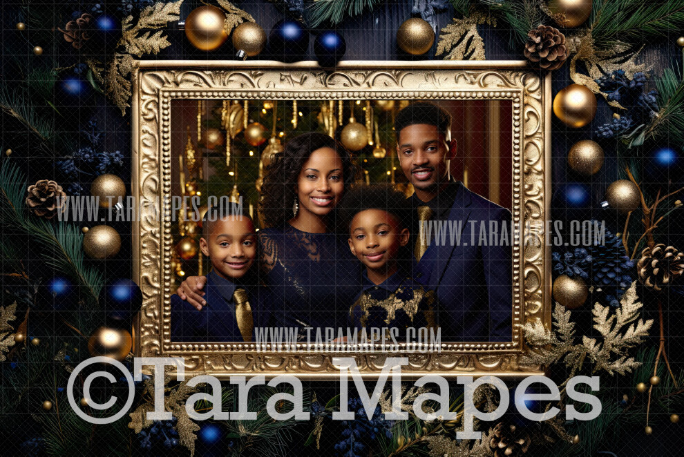 Christmas Frame Navy and Gold Digital Frame- Layered PSD Christmas Frame Digital Background - Backdrop