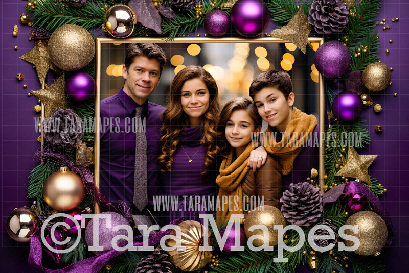 Christmas Frame Purple and Gold Digital Frame - Layered PSD Christmas Frame Digital Background - Backdrop