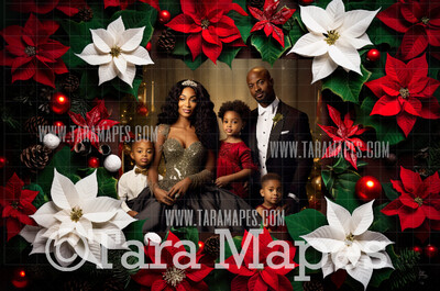 Christmas Frame with Red and White Poinsettias Digital Frame - Layered PSD Christmas Frame Digital Background - Backdrop