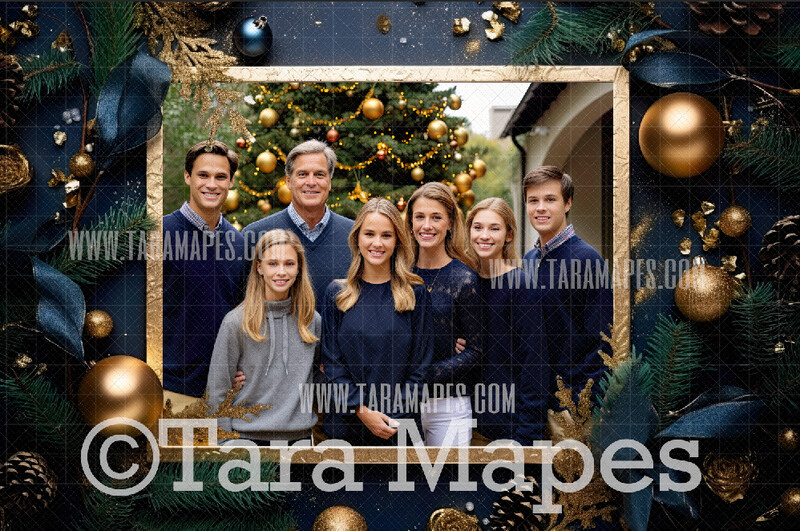 Christmas Frame Navy and Gold Digital Frame - Layered PSD Christmas Frame Digital Background - Backdrop