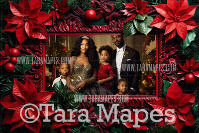 Christmas Frame with Red and White Poinsettias Digital Frame - Layered PSD Christmas Frame Digital Background - Backdrop