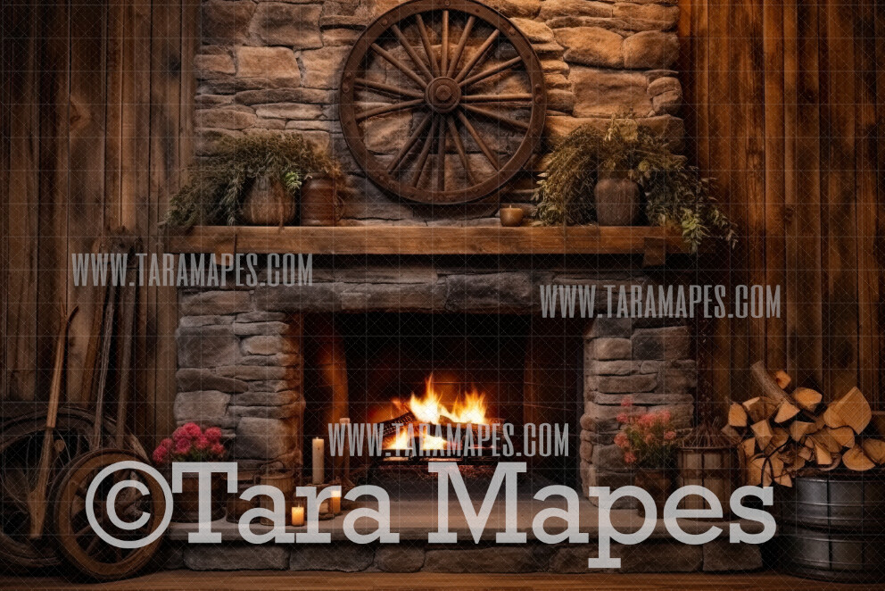 Rustic Fireplace Digital Backdrop - Rustic Room - Farmhouse Mantle Digital Background JPG
