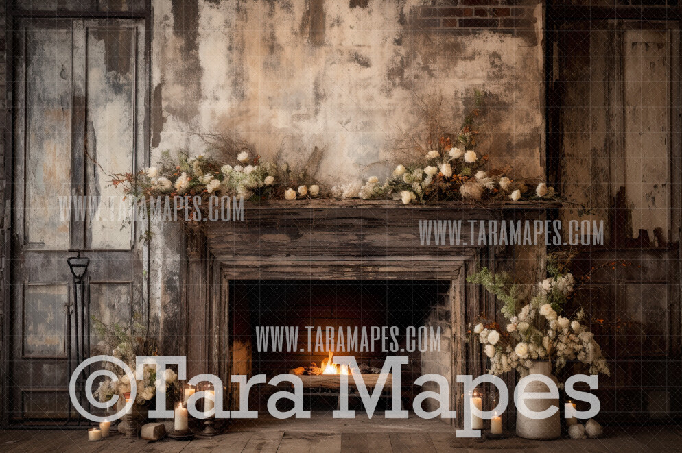 Farmhouse Fireplace Digital Backdrop - Rustic Farmhouse Mantle Digital Background JPG