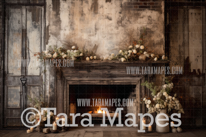 Farmhouse Fireplace Digital Backdrop - Rustic  Farmhouse Mantle Digital Background JPG