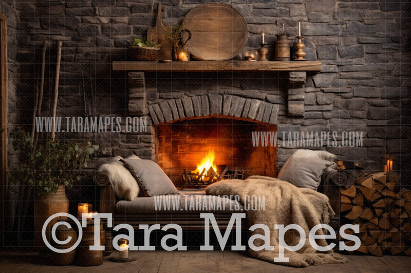 Cozy Farmhouse Fireplace Digital Backdrop - Rustic Stone Farmhouse Mantle Digital Background JPG