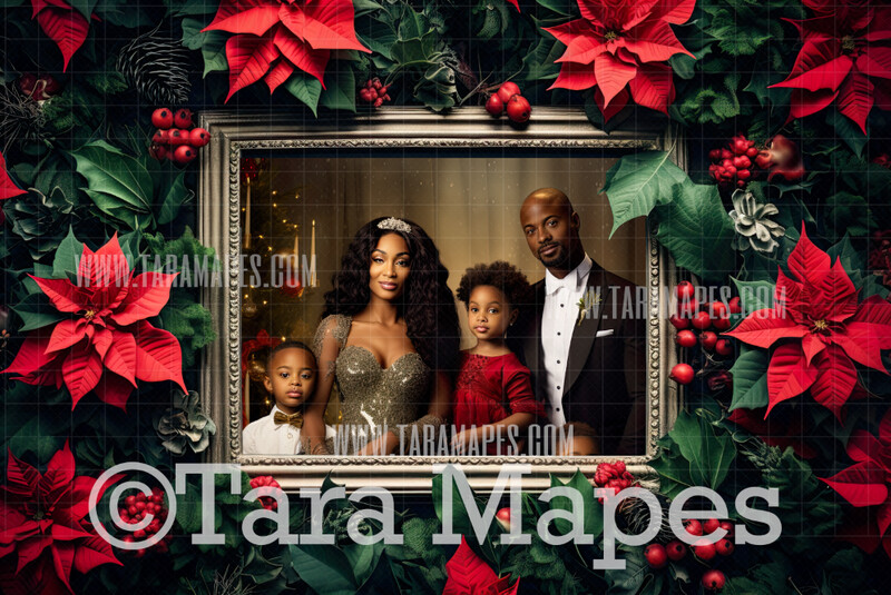 Christmas Frame with Poinsettias Digital Frame - Layered PSD Christmas Frame Digital Background - Backdrop