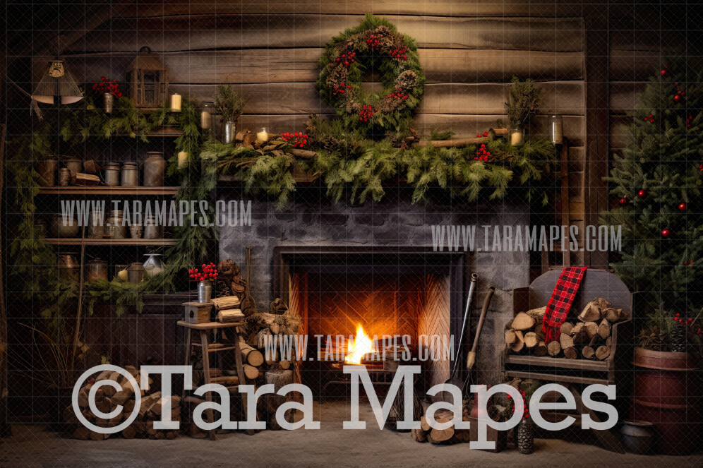 Cozy Christmas Fireplace Digital Backdrop - Classic Christmas Room  - Christmas Mantle Digital Background JPG