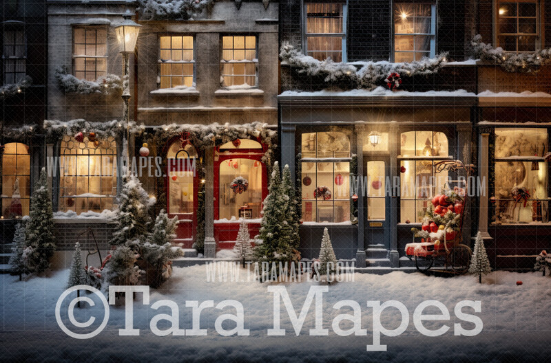 Christmas Street Digital Backdrop - Christmas Street Digital Background - FREE SNOW OVERLAY included