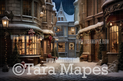 Christmas Street Digital Backdrop - Christmas Street Digital Background - FREE SNOW OVERLAY included