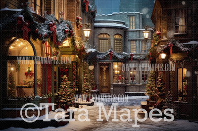 Christmas Street Digital Backdrop - Christmas Street Digital Background - FREE SNOW OVERLAY included