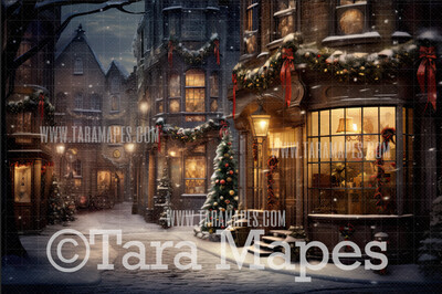 Christmas Street Digital Backdrop - Christmas Street Digital Background - FREE SNOW OVERLAY included