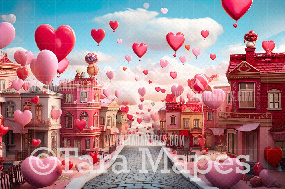 Valentine Town Digital Backdrop -  Whimsical Vday Digital Background JPG