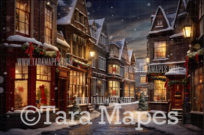 Christmas Street Digital Backdrop - Christmas Street Digital Background - FREE SNOW OVERLAY included