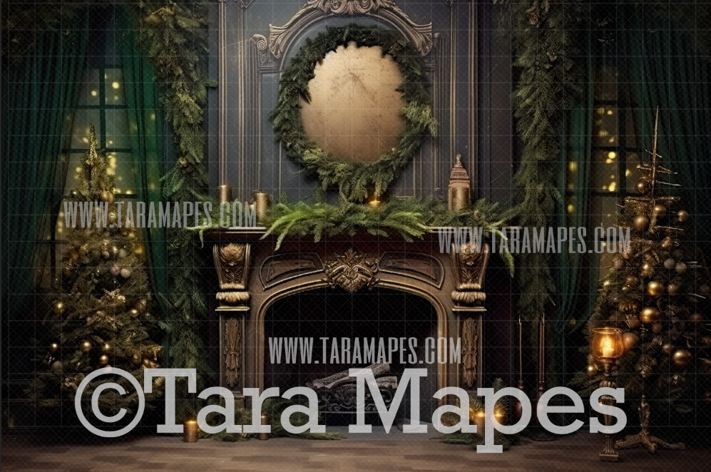 Christmas Fireplace Digital Backdrop - Greens Christmas Room  - Earthy Christmas Mantle Digital Background JPG