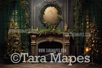 Christmas Fireplace Digital Backdrop - Greens Christmas Room  - Earthy Christmas Mantle Digital Background JPG