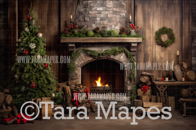 Cozy Christmas Fireplace Digital Backdrop - Classic Christmas Room  - Christmas Mantle Digital Background JPG