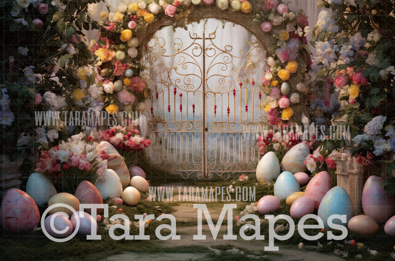 Easter Egg Gate Digital Backdrop - Whimsical Rustic Easter Bunny Arch- Easter Digital Background - Easter Digital