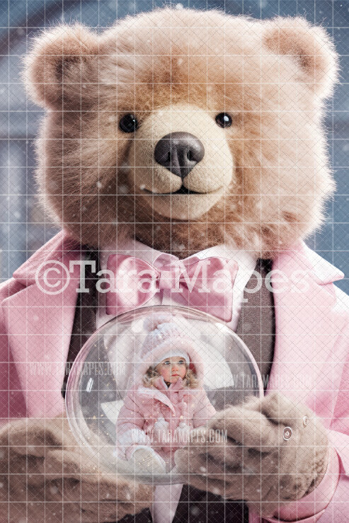 Teddy Bear Boy Holding Snow Globe - LAYERED PSD! Snowglobe Teddy - Snow Globe - Funny Holiday Valentine or Christmas Digital Background / Backdrop