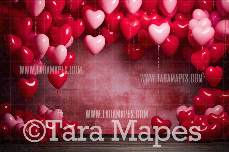 Valentine Studio of Heart Balloons Digital Backdrop - Whimsical Vday Digital Background JPG
