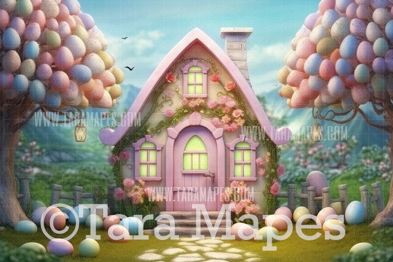Easter Egg House Digital Backdrop - Whimsical Easter House- Easter Digital Background