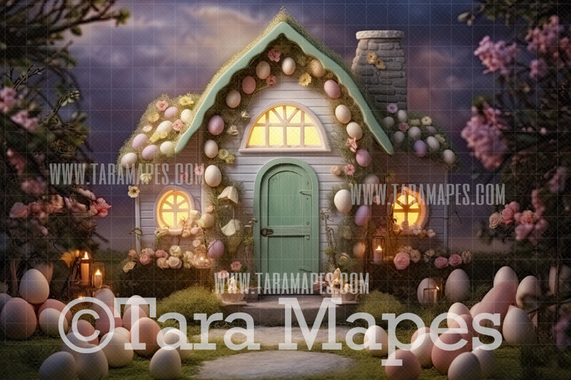 Easter Egg House Digital Backdrop - Whimsical Easter House- Easter Digital Background