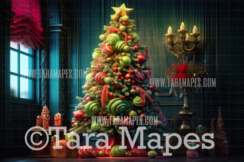 Whimsyville Christmas Tree Digital Backdrop - Whimsical Colorful Christmas Tree Digital Background JPG