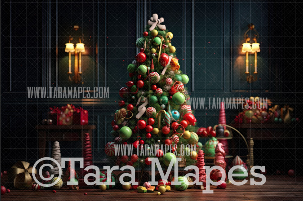 Whimsyville Christmas Tree Digital Backdrop - Whimsical Colorful Christmas Tree Digital Background JPG