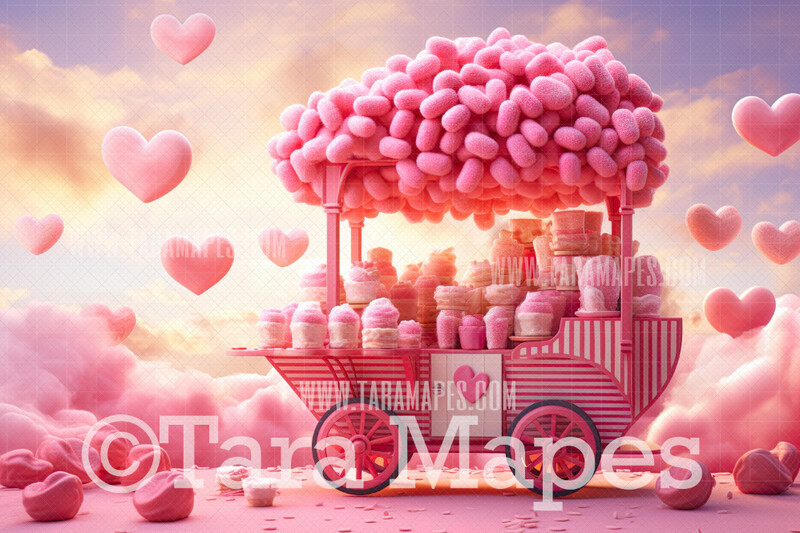 Valentine Cotton Candy Cart Studio Digital Backdrop - Valentine Vday Digital Background JPG