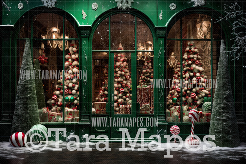 Green Christmas Shop Digital Backdrop - Christmas Toy Shop - Christmas Gift Shoppe - Christmas Storefront Digital Background