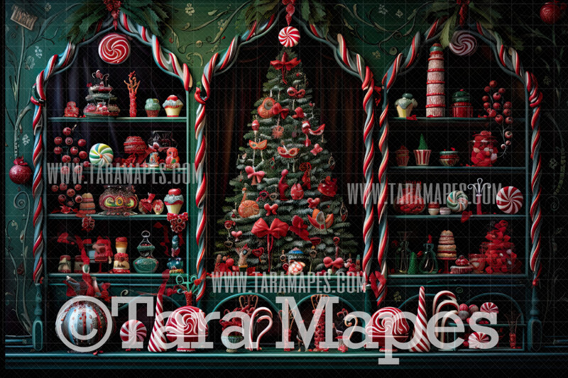Green Christmas Display Digital Backdrop - Christmas Toy Shop - Christmas Gift Shoppe - Christmas Storefront Digital Background