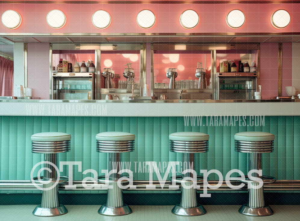 Teal and Pink Fifties Diner- 50s Diner Stools- Vintage Retro Fifties Digital Background Backdrop