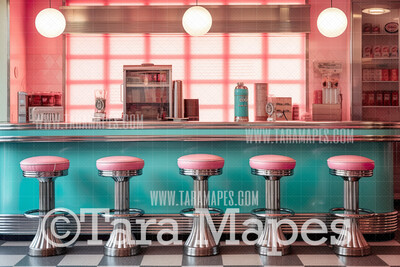 Teal and Pink Fifties Diner- 50s Diner Stools- Vintage Retro Fifties Digital Background Backdrop