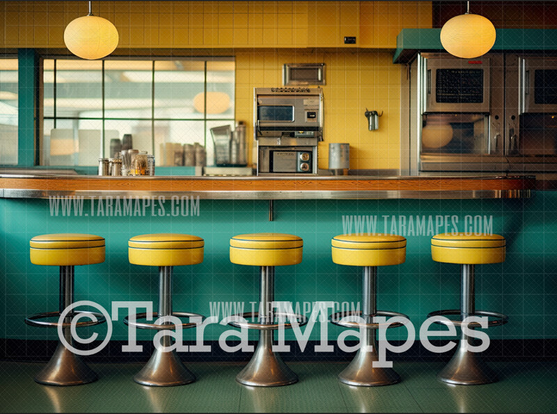 Teal and Yellow Fifties Diner- 50s Diner Stools- Vintage Retro Fifties Digital Background Backdrop