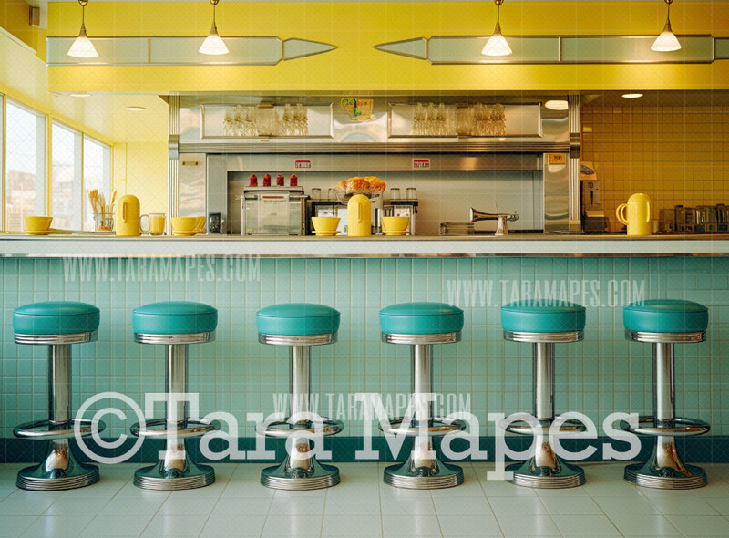 Teal and Yellow Fifties Diner- 50s Diner Stools- Vintage Retro Fifties Digital Background Backdrop