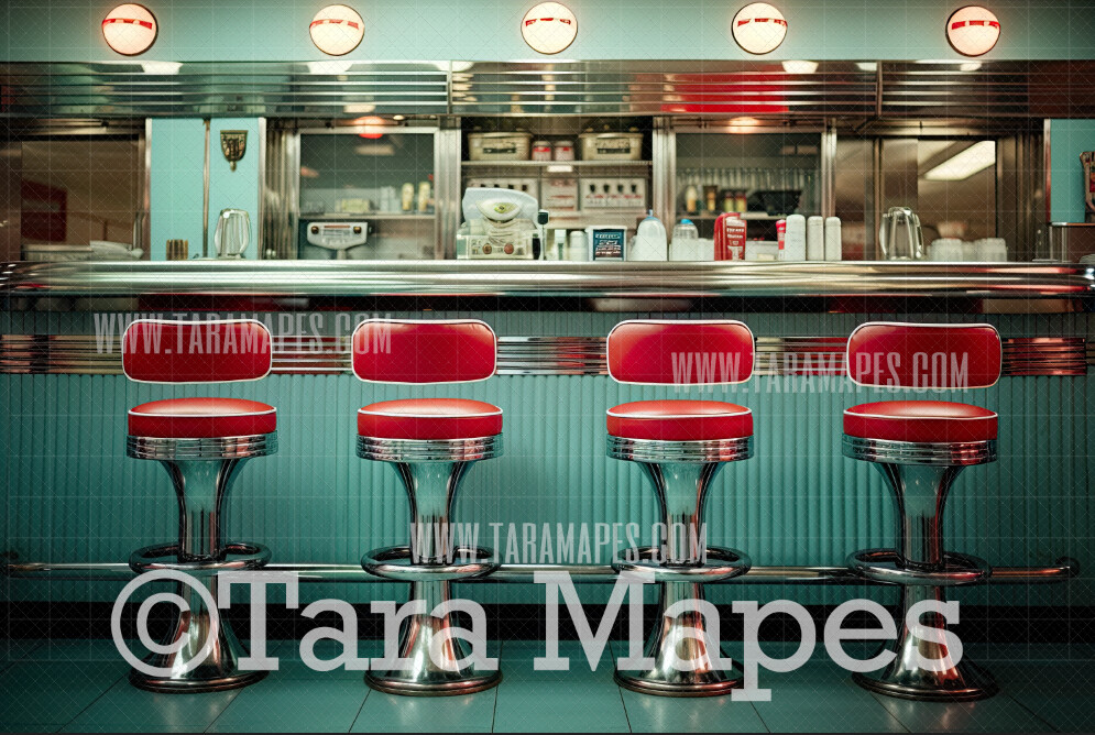 Teal and Red Fifties Diner- 50s Diner Stools- Vintage Retro Fifties Digital Background Backdrop