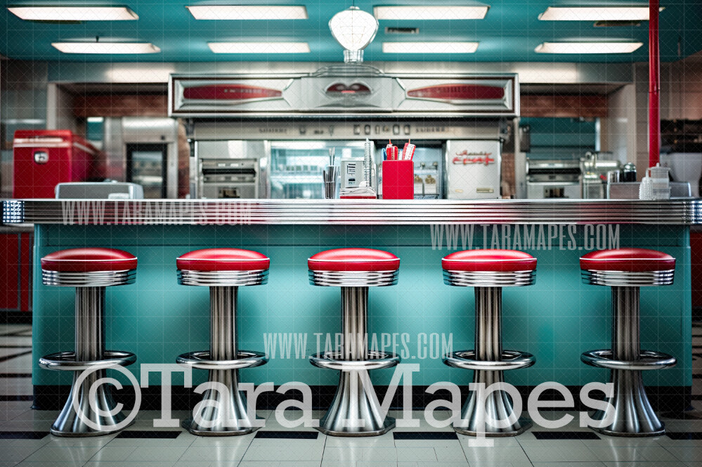Teal and Red Fifties Diner- 50s Diner Stools- Vintage Retro Fifties Digital Background Backdrop