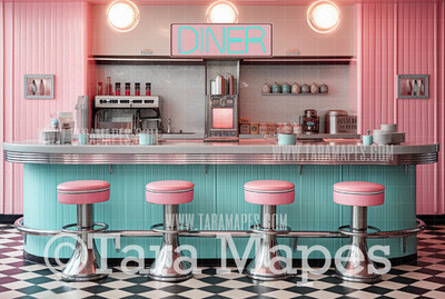 Teal and Pink Fifties Diner- 50s Diner Stools- Vintage Retro Fifties Digital Background Backdrop